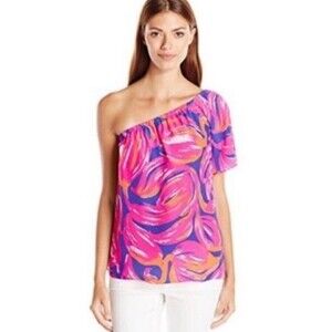 Lilly Pulitzer Large L Fifer One-Shoulder 100% Silk Top Plume Bloom Pink Resort